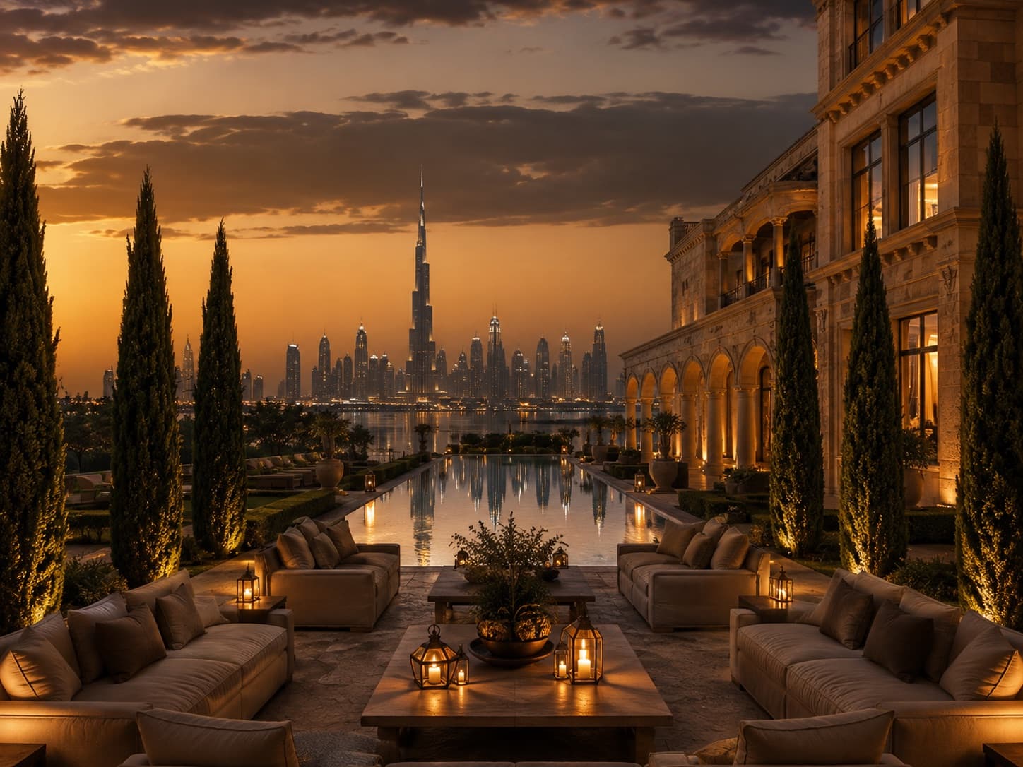 Waterfront luxury residence in Dubai illuminated at night.