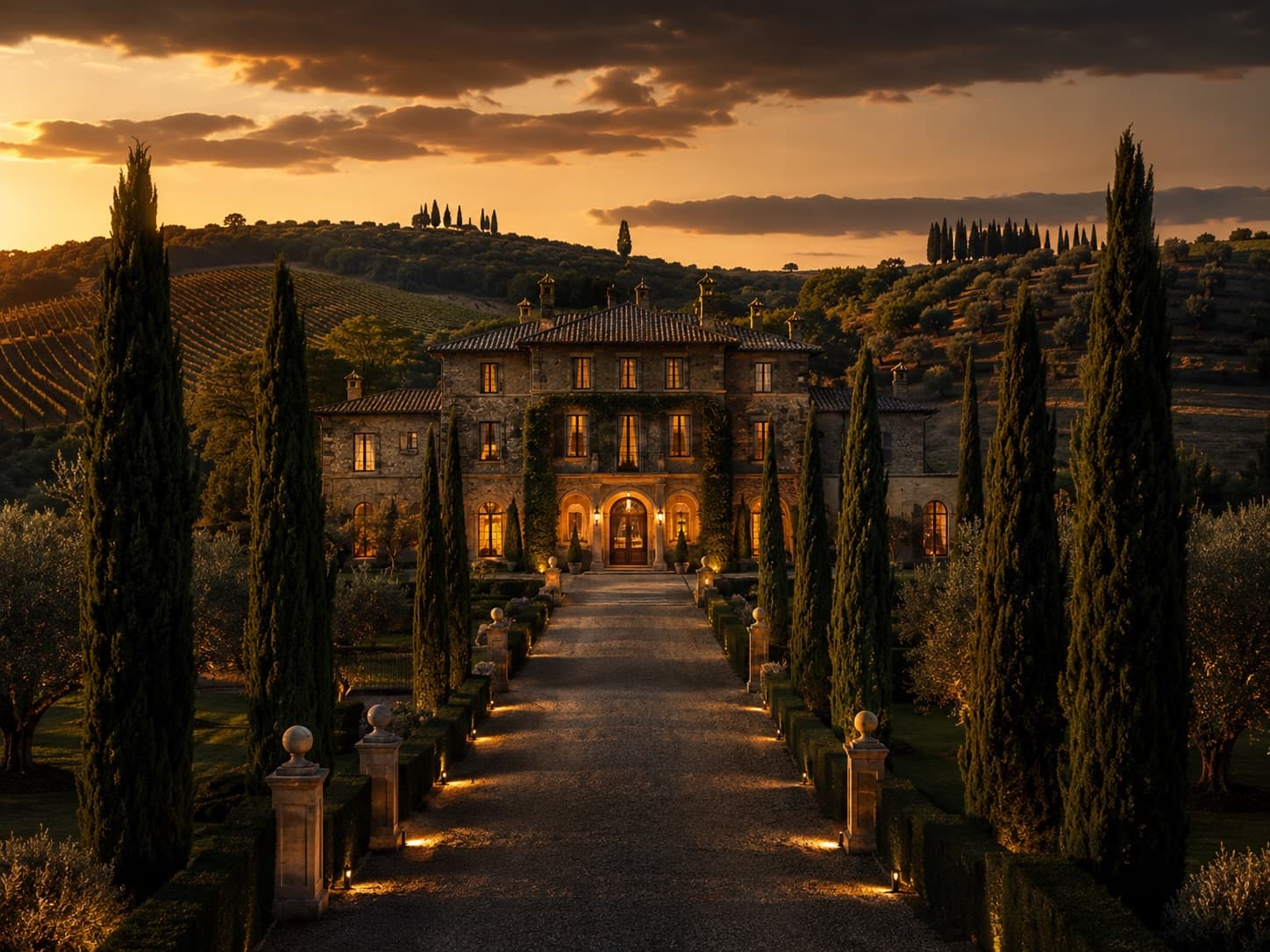 Luxury estate set on a cypress-lined hillside.
