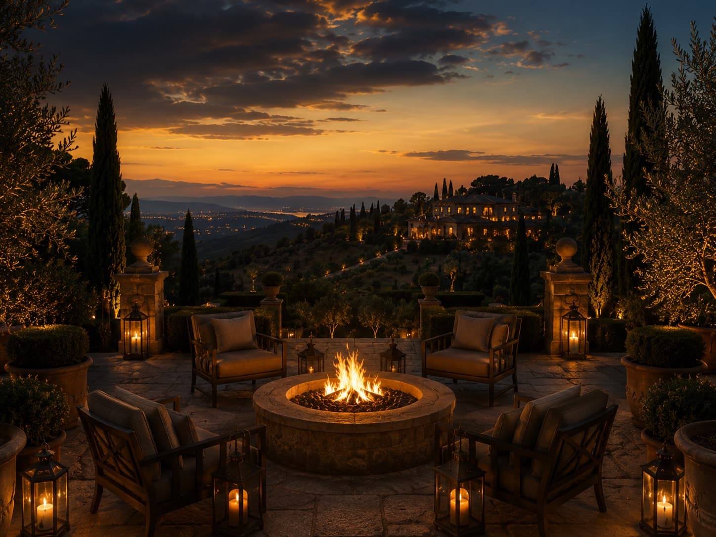 Firepit terrace on a private estate at dusk.