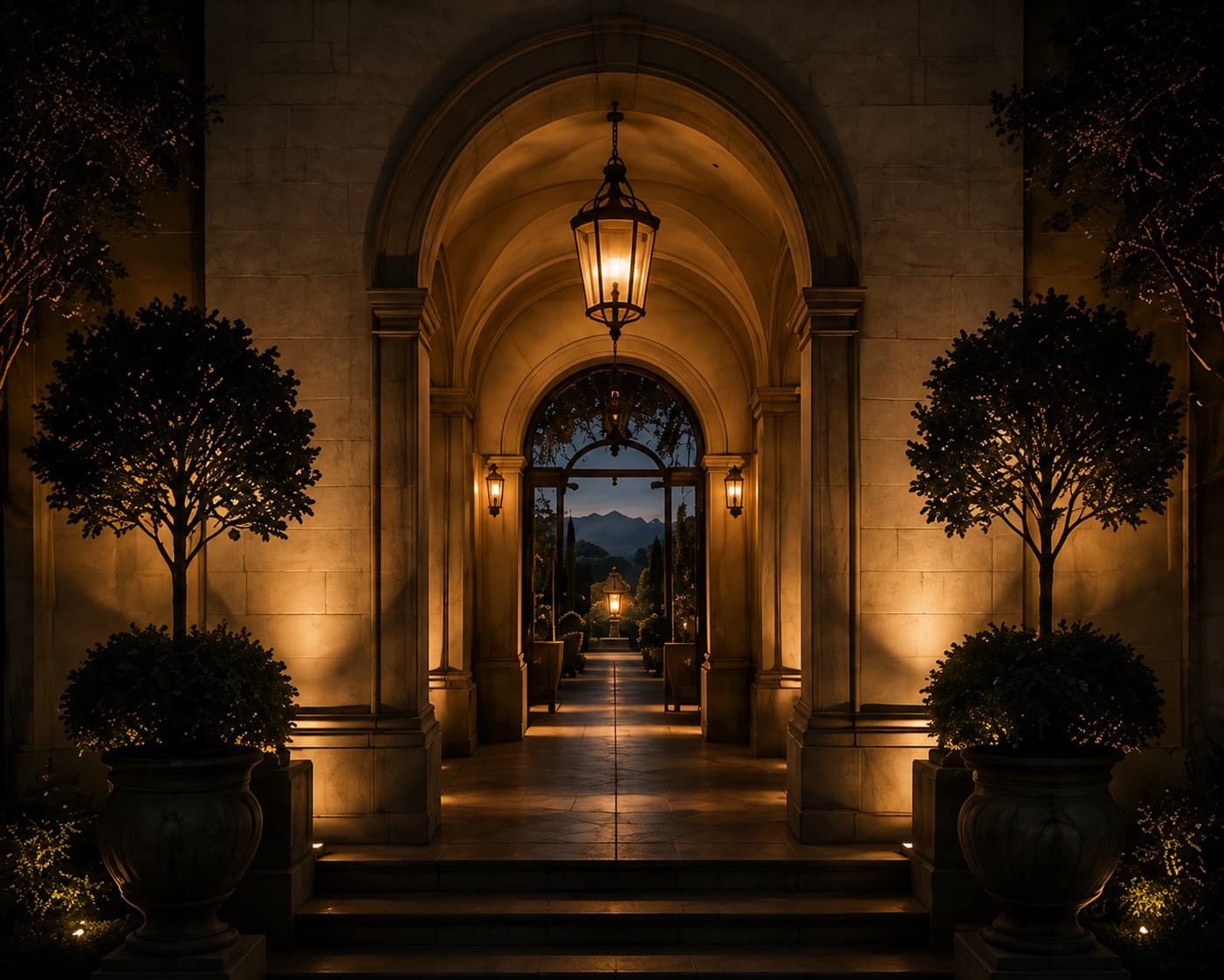 Illuminated doorway of a private residence at dusk.