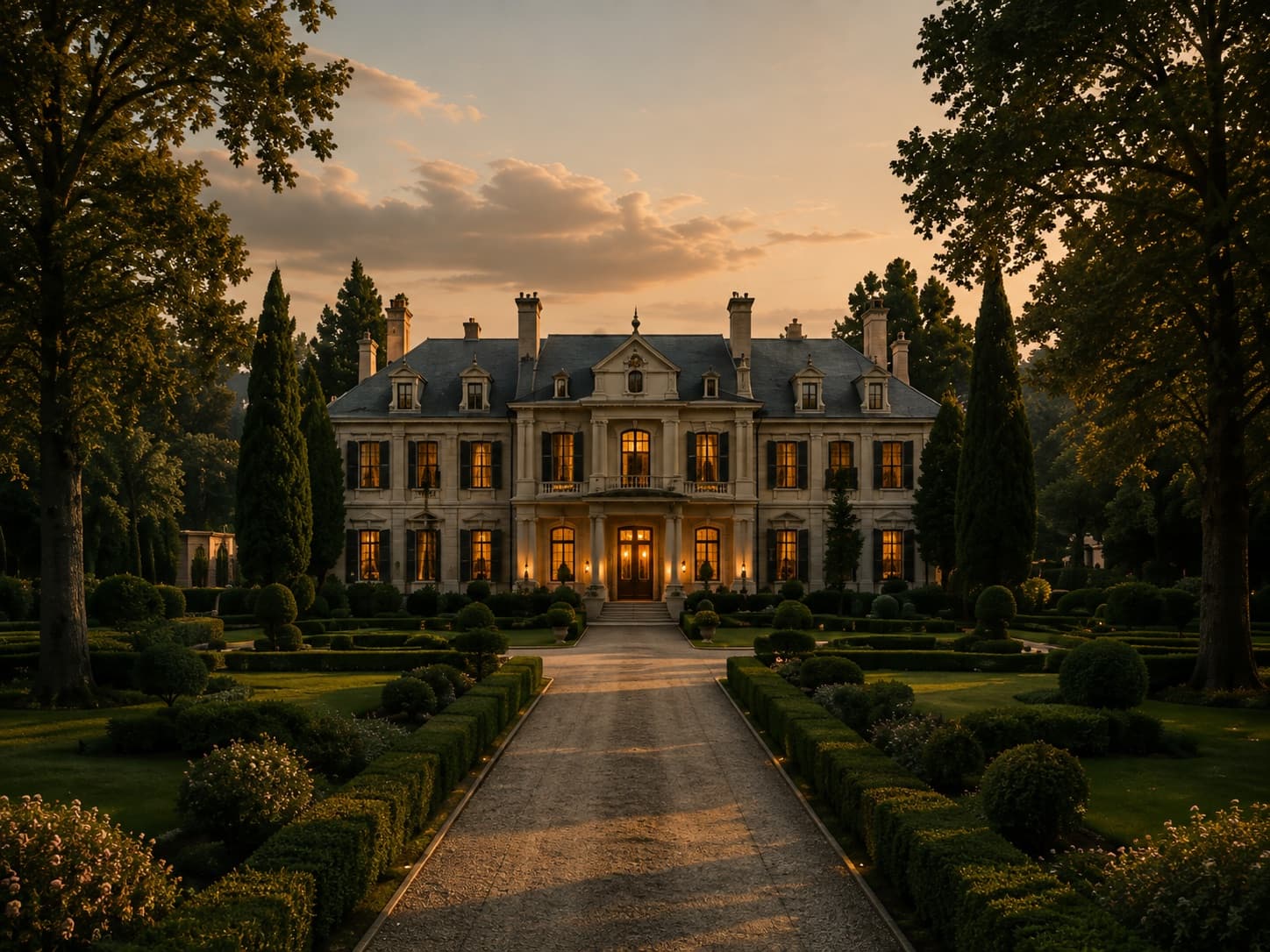 Stately manor house with formal landscaped grounds at golden hour.