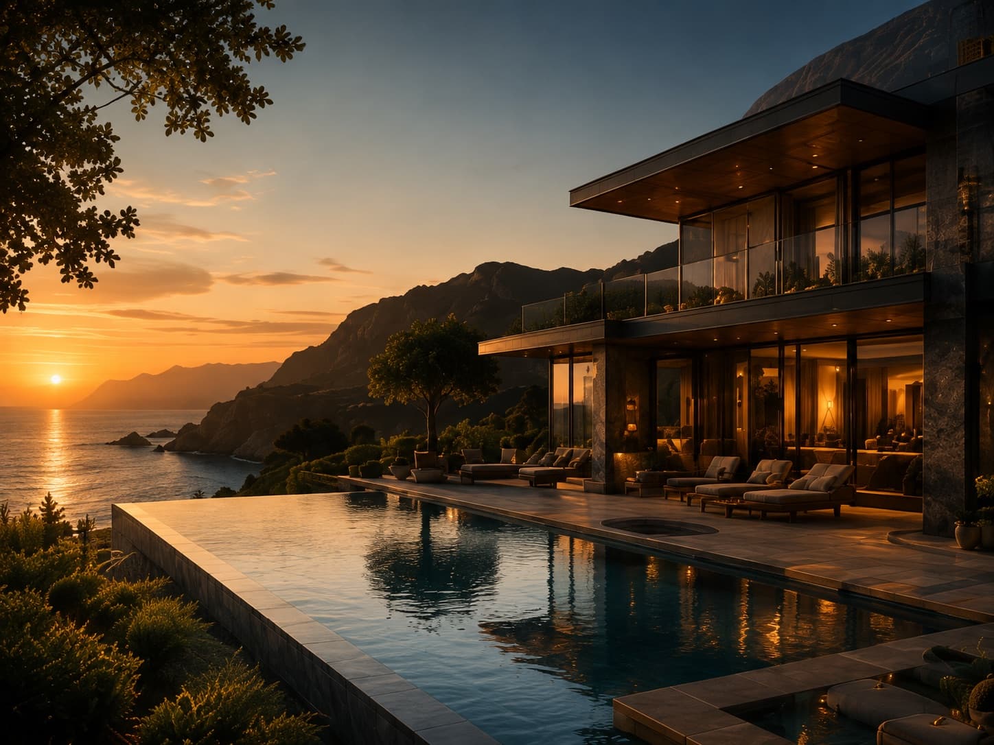 Waterfront luxury villa overlooking the ocean at sunset.