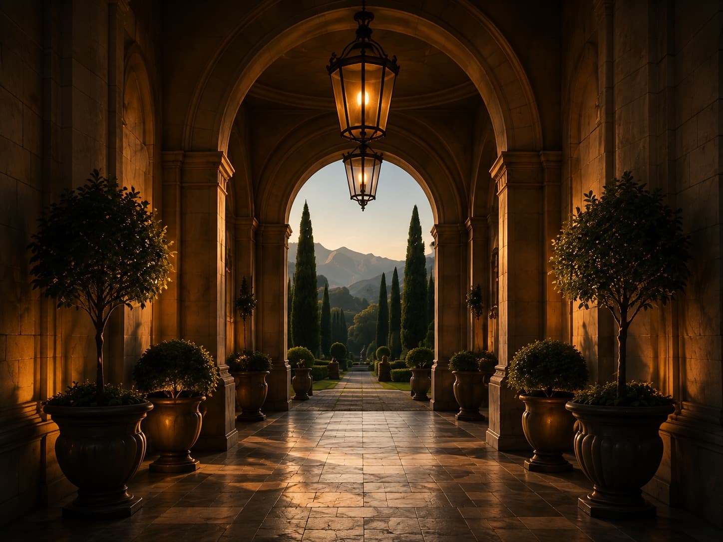 Stone archway framing landscaped gardens on a private estate.