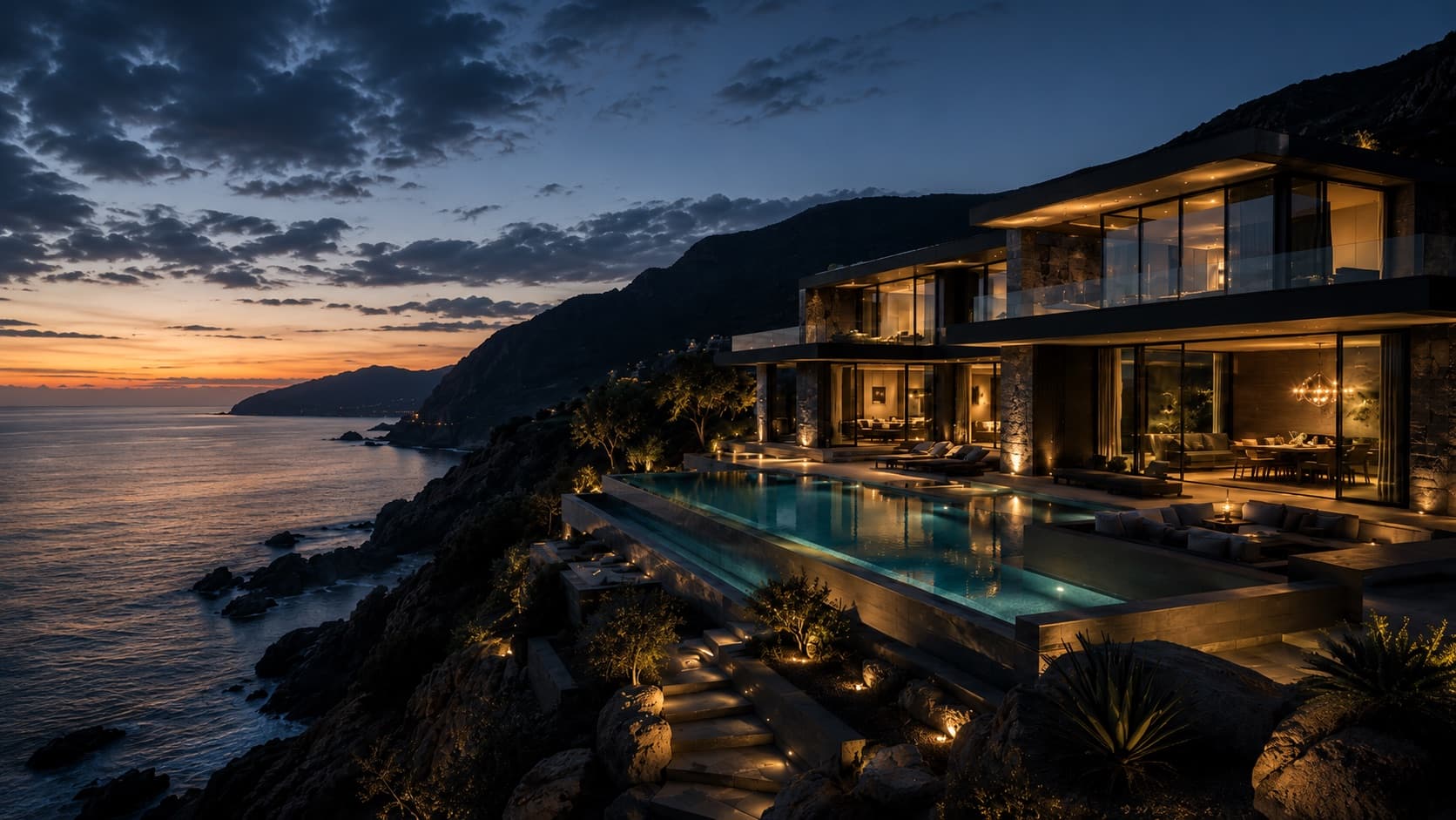 Contemporary clifftop luxury residence with an infinity pool overlooking the sea at dusk.